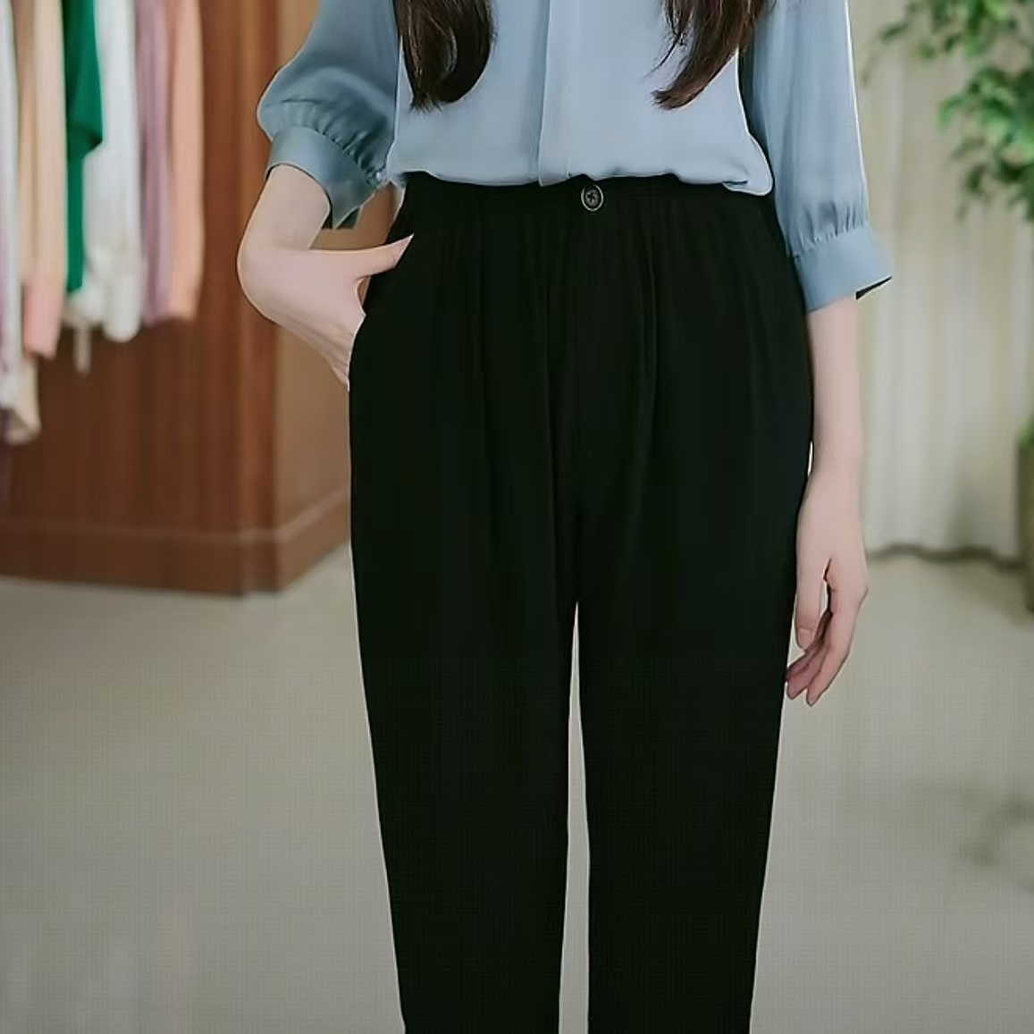 2025年新款休闲裤黑色时尚女士百搭桑蚕丝阔腿裤长裤女裤裤子1358