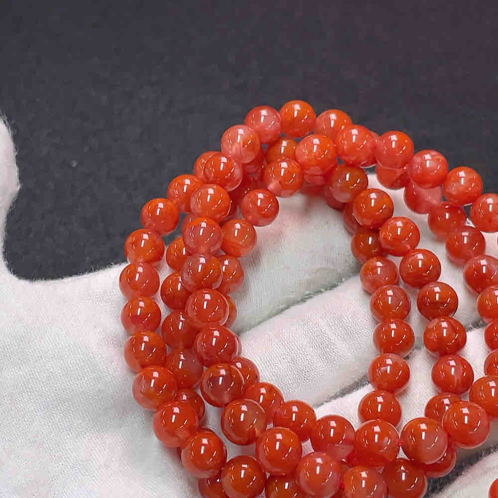 南红精品冰飘红多圈手串货品总重约52.76克 卡7.1mm左右