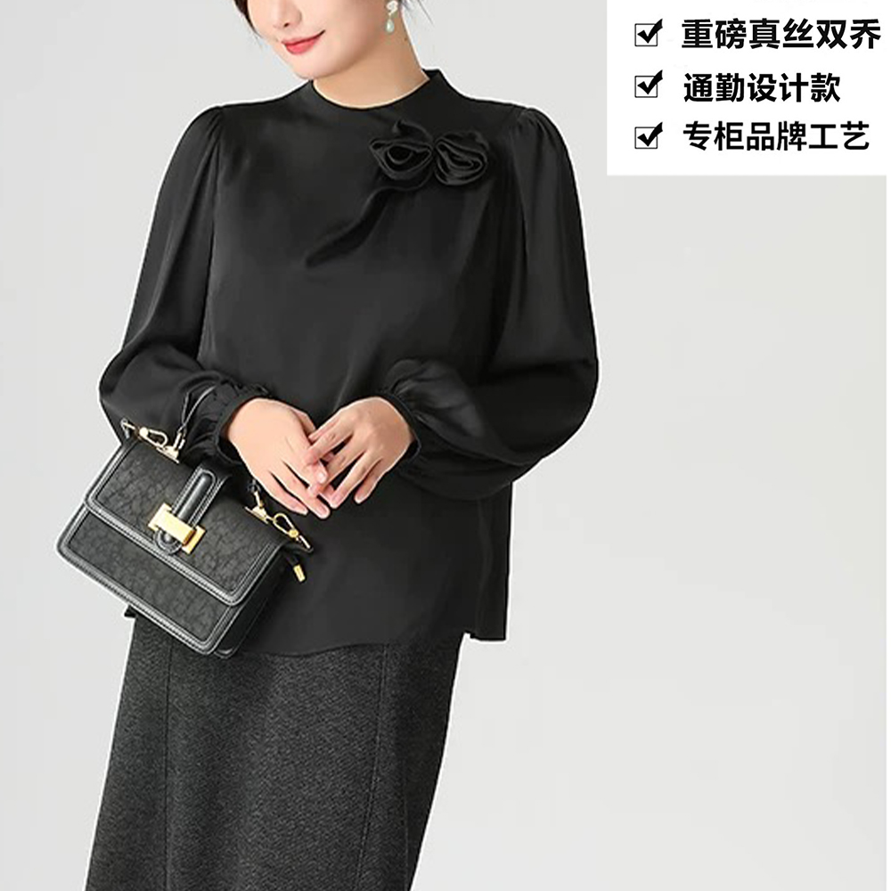 重磅真丝双乔立体花朵优雅气质法式宽松垂感桑蚕丝上衣ZKA22黑色