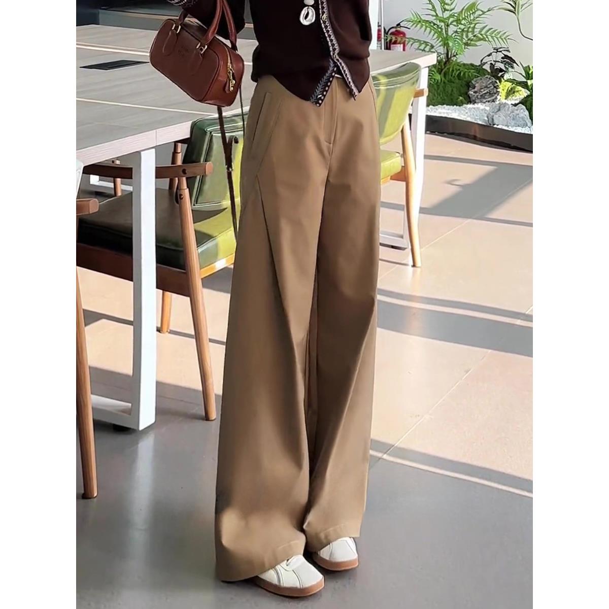 卡其色阔腿西装休闲裤女春秋季2025新款窄版显瘦弯刀裤垂感直筒裤