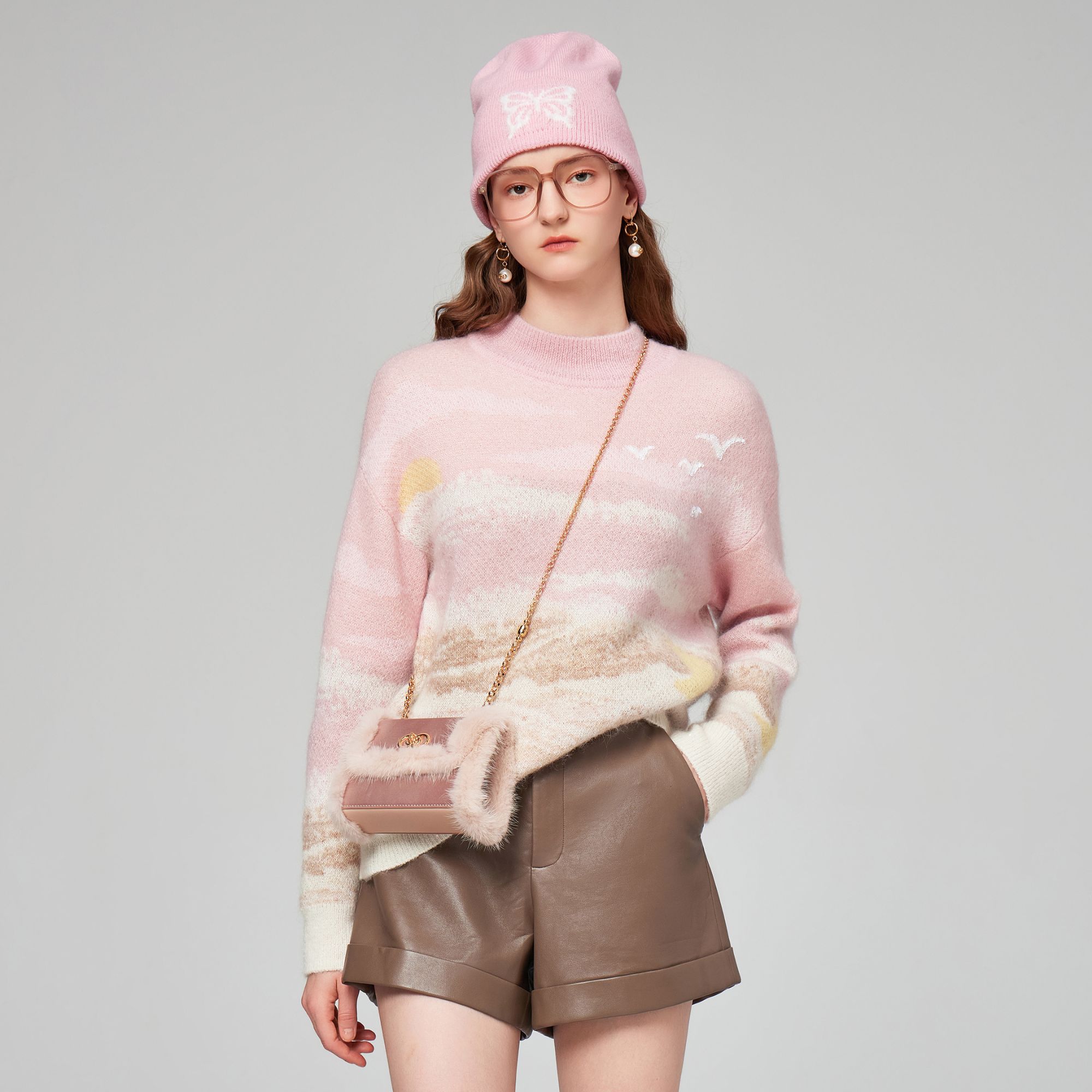 COCOON/可可尼粉红色沙海生明月主题图案毛衫24411AF102611043