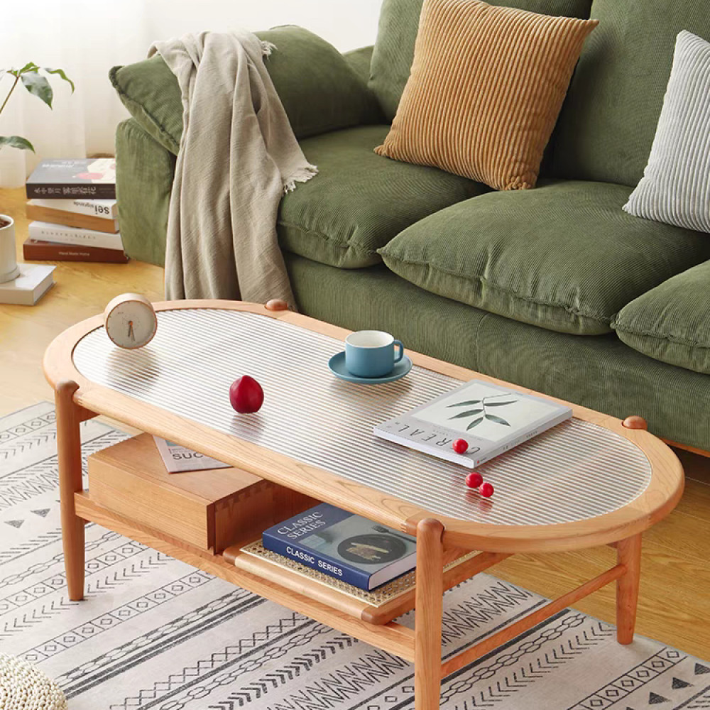 实木茶几樱桃木带抽屉矮桌藤编玻璃日式北欧简约小户型原木茶桌