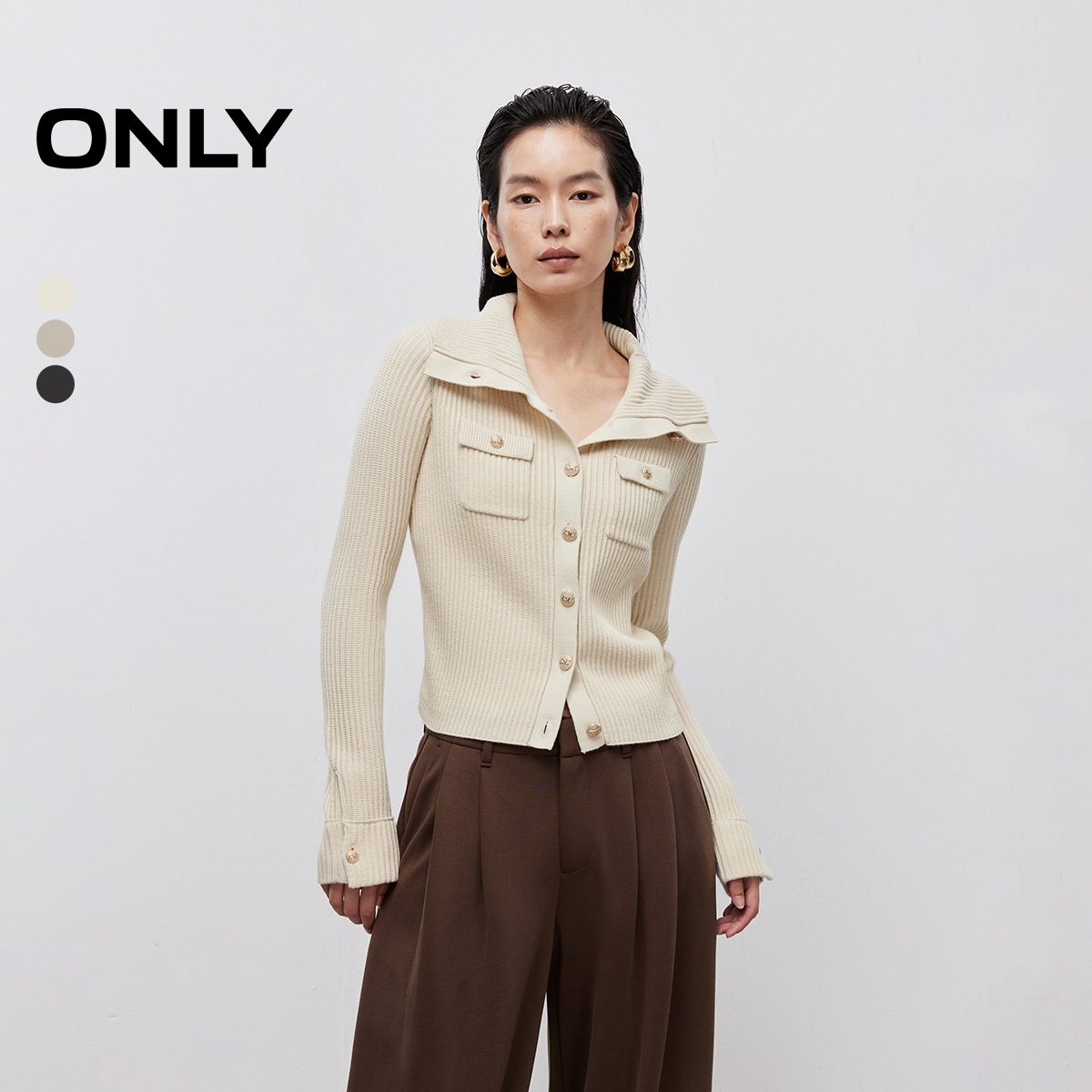 ONLY2025秋季新款显瘦纵向坑条纹短款开衫长袖针织衫女|12533B005
