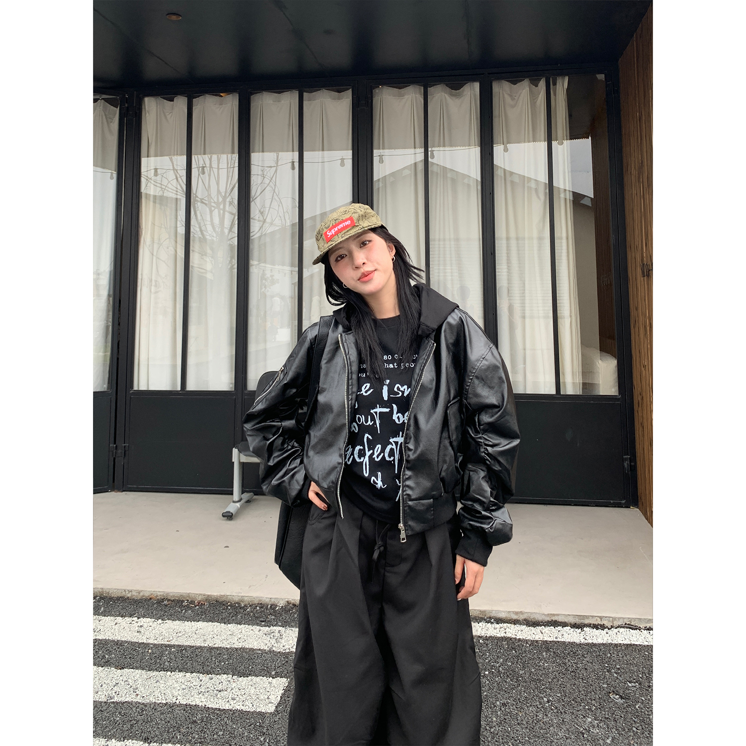 木子羊 可拆卸连帽皮衣夹克男女秋冬新款短款宽松休闲飞行服外套