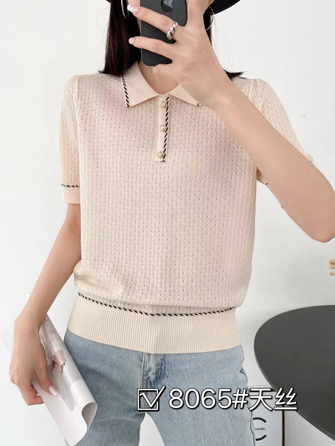 8065短袖女夏季洋气时尚百搭休闲气质翻领女士减龄针织T恤