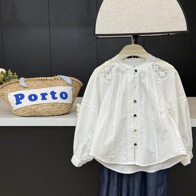 【现货】leomama女童法式镂空蕾丝衬衫春季款蕾丝圆领洋气长袖衬衣