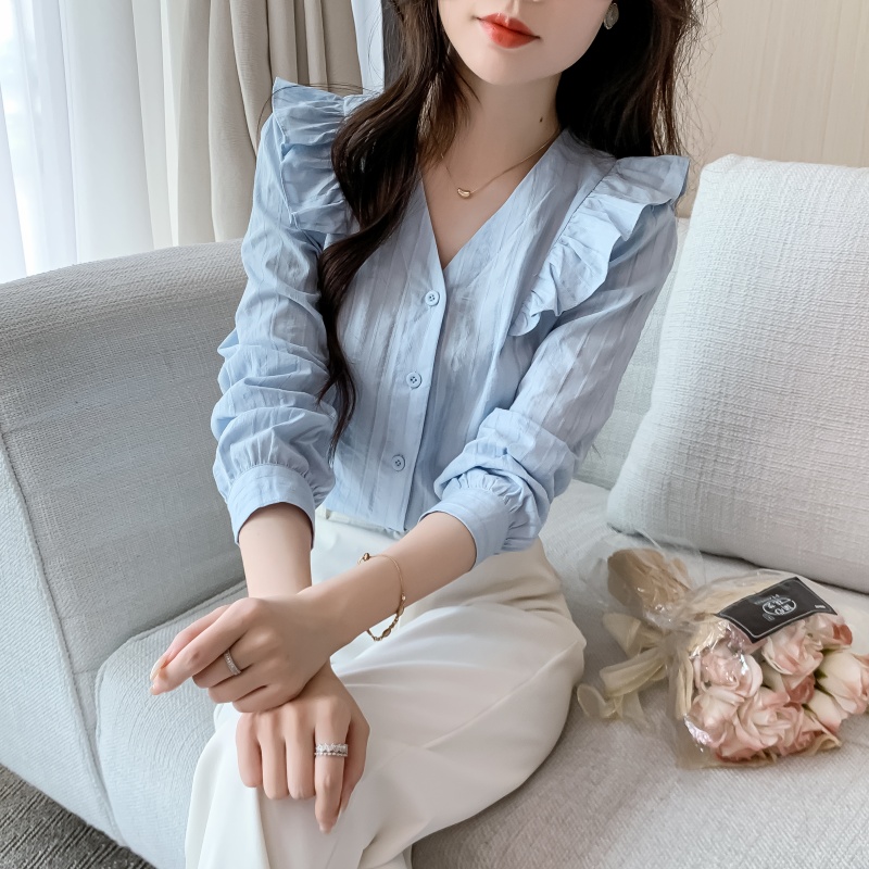 2025春秋季新款时尚女士衬衣纯棉衬衫女洋气全棉减龄百搭v领上衣