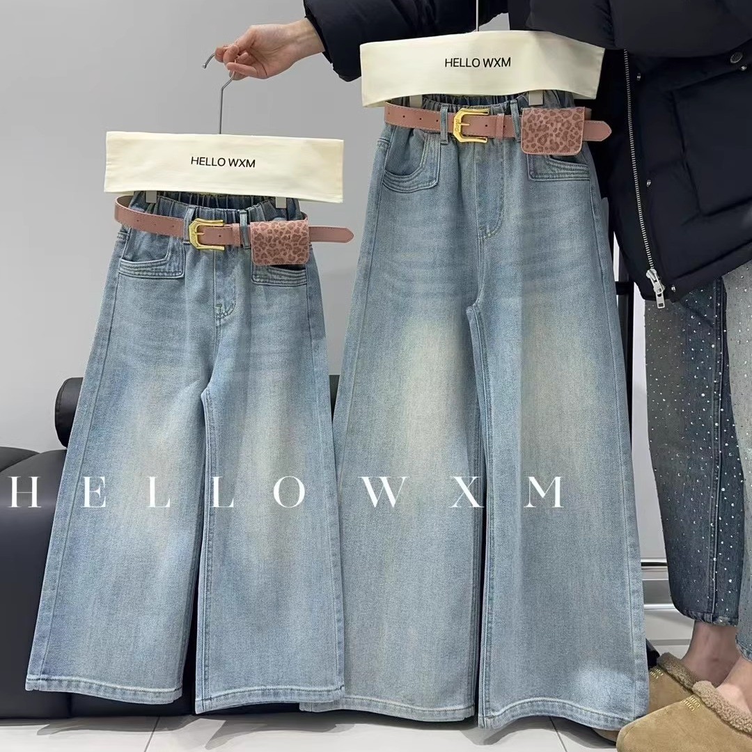 韩国童装女童2025春季浅色阔腿裤拖地裤宽松直筒裤牛仔裤子柔软潮