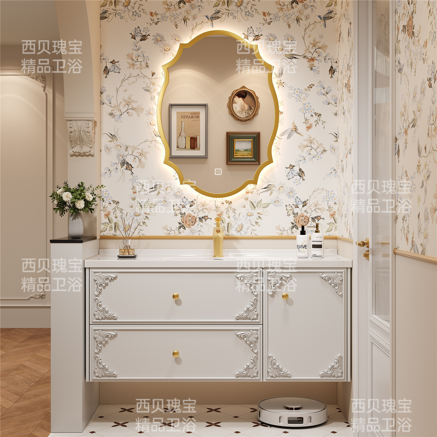 法式复古奶油风一体陶瓷盆浴室柜组合卫生间洗漱洗手池洗脸台盆柜