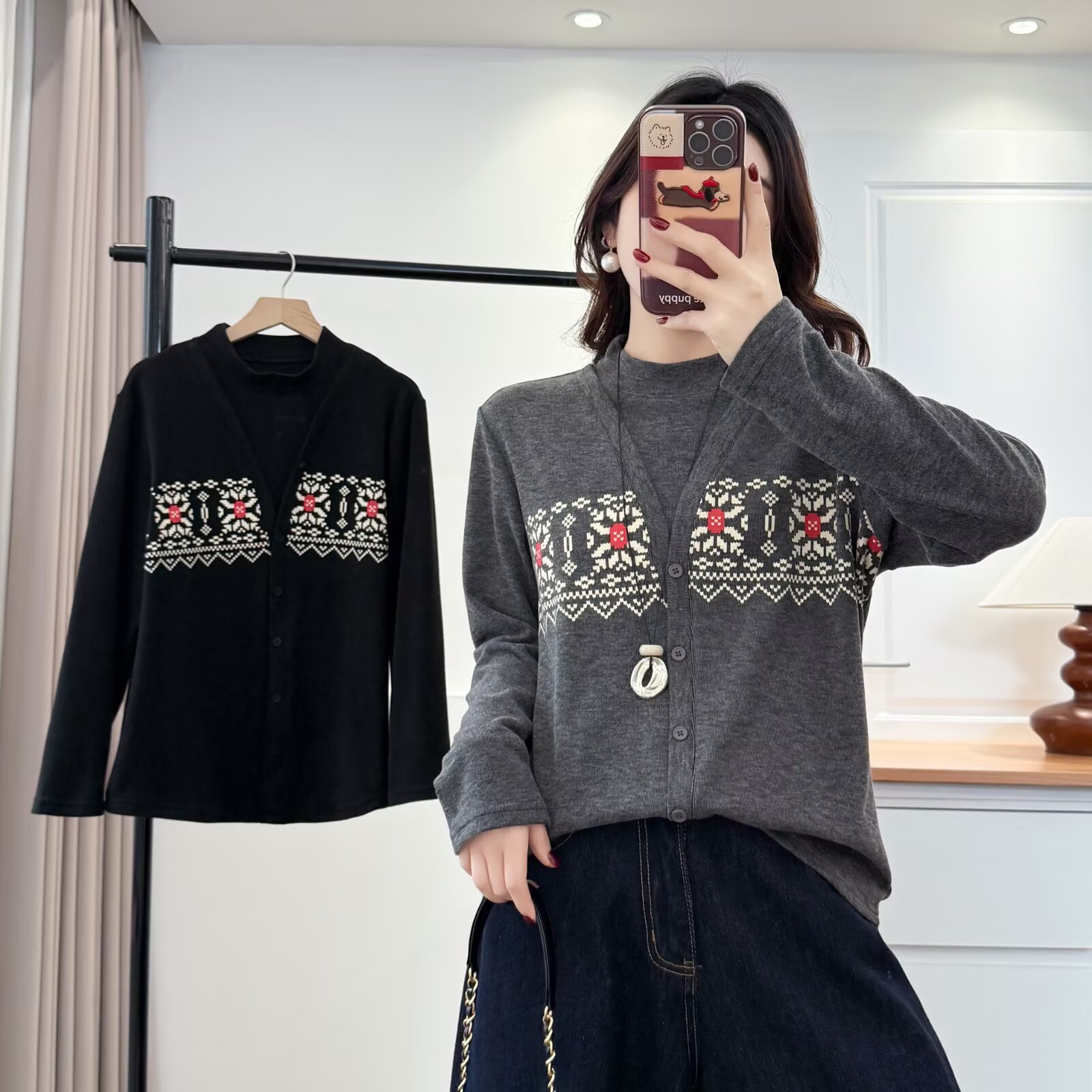 莘莘大码 冬季假两件百搭长袖圆领印花打底衫女