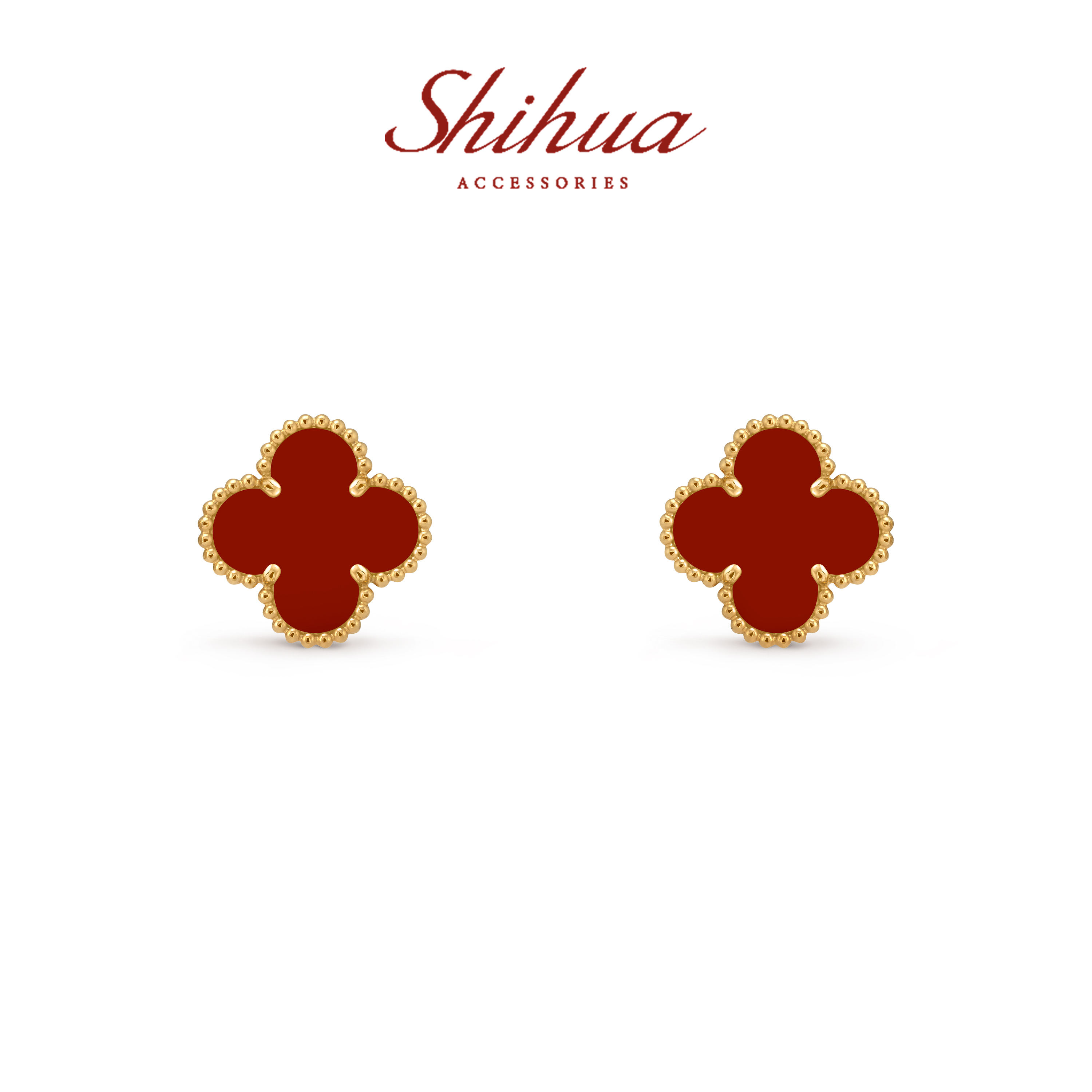 钛钢珐琅耳饰 四叶草轻奢五花耳钉红色黑色白色金色气质