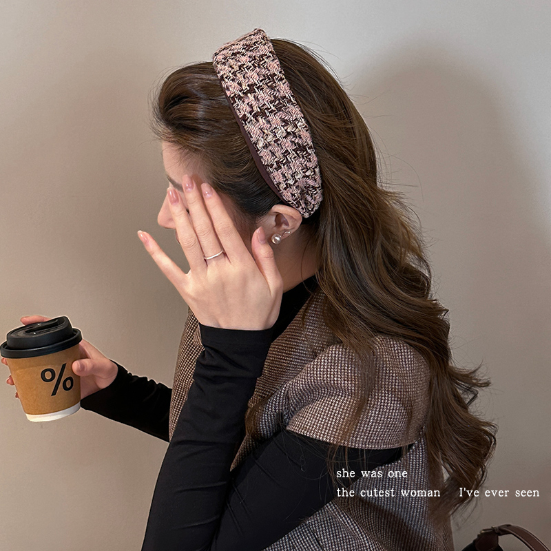 复古格纹针织发箍女秋冬压发头箍保暖日常百搭宽边高颅顶发捆头饰