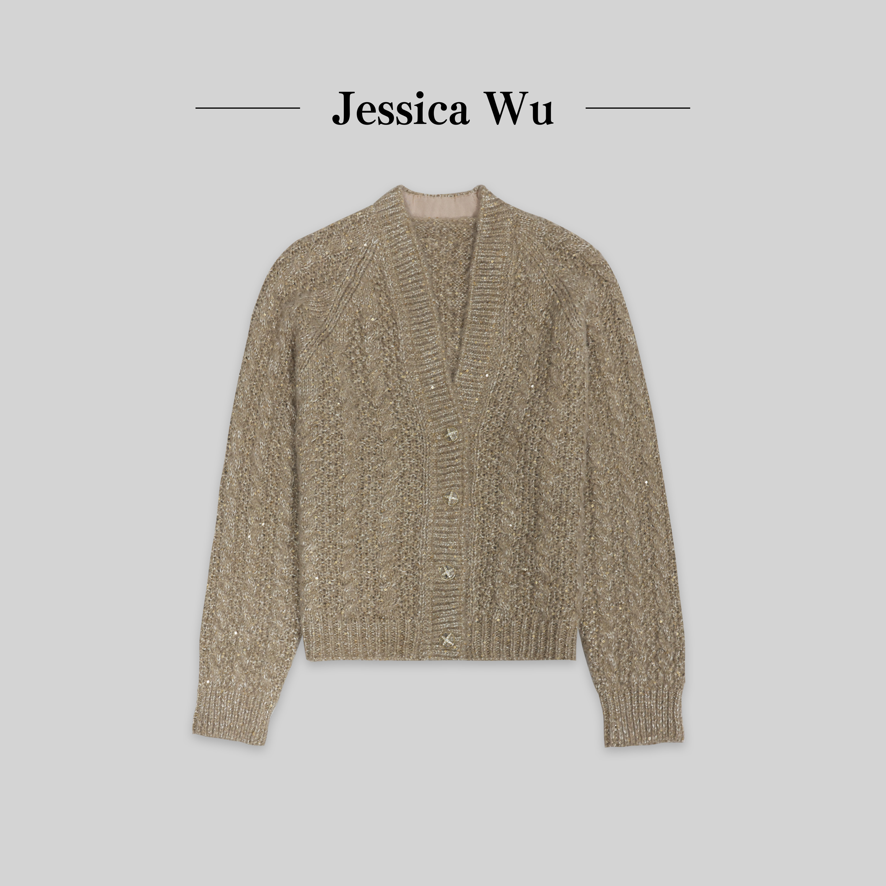 JESSICA WU矜贵的爱不释手~意大利纱金棕色星闪针织开衫254504016