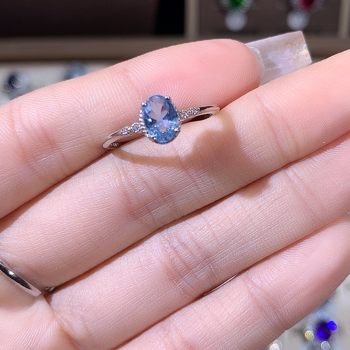 戒圈银S925镶嵌海蓝宝石白57