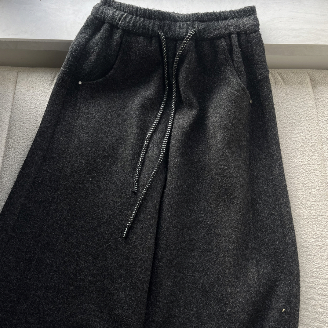 秋冬新款醋酸绵羊毛显瘦加绒高腰抽绳弯刀阔腿裤加厚黑色冬季百搭
