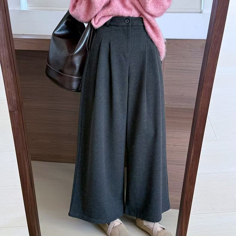 A9189毛呢阔腿裤冬季新款慵懒高腰宽松休闲显瘦百搭裤