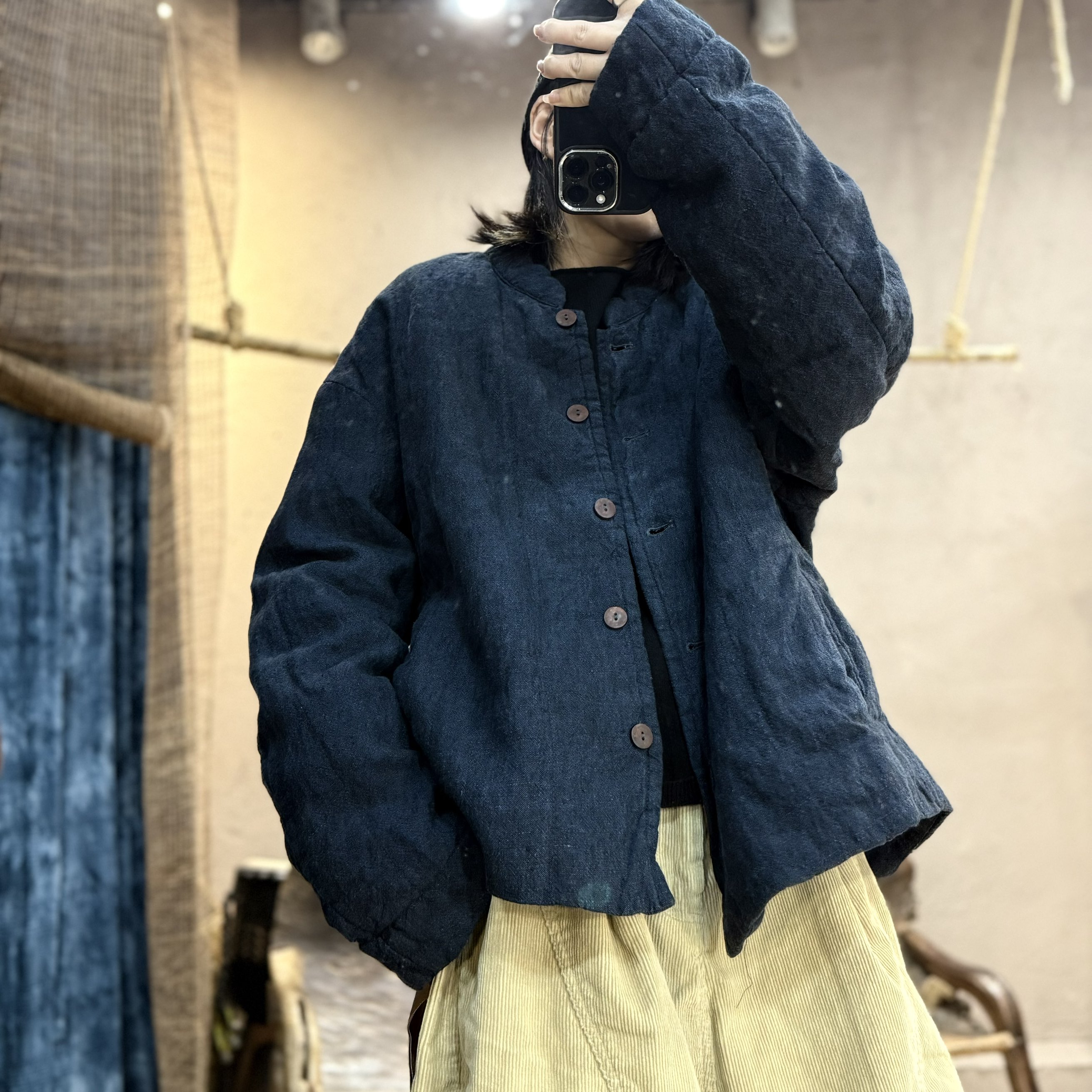 2510514衣牧了然冬季色织亚麻两面穿棉衣复古减龄宽松保暖棉服女