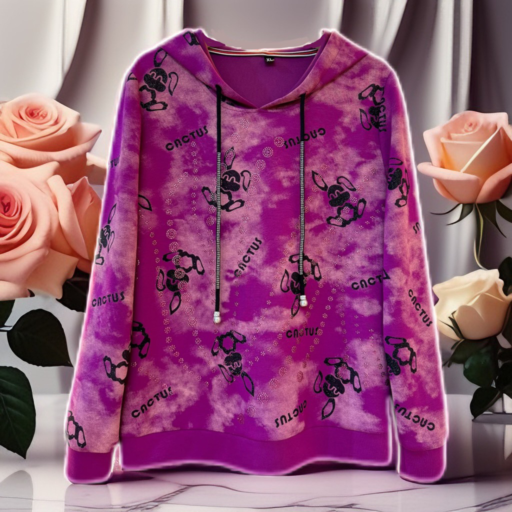 缘格熙2024秋冬款高档时尚休闲运动女士烫钻玫红色连帽上衣76419