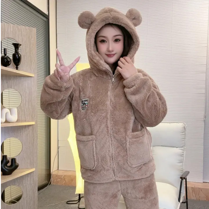 【加厚一整套】冬季保暖立领连帽睡衣家居服套装时尚加绒韩系美式