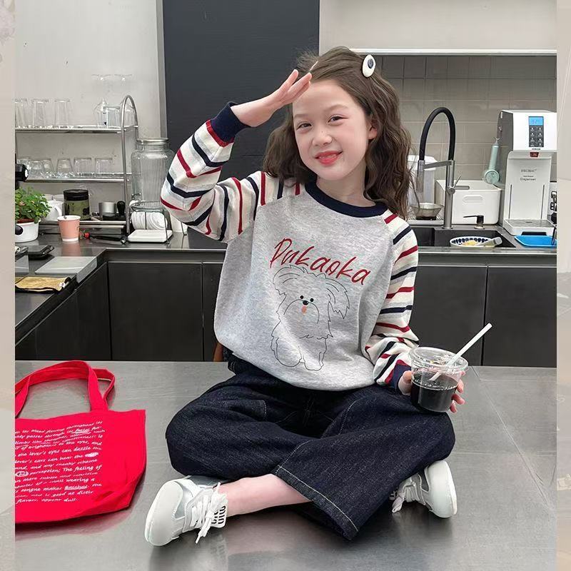 女童T恤春秋款2025新款中大儿童洋气时髦网红条纹内搭女孩上衣潮