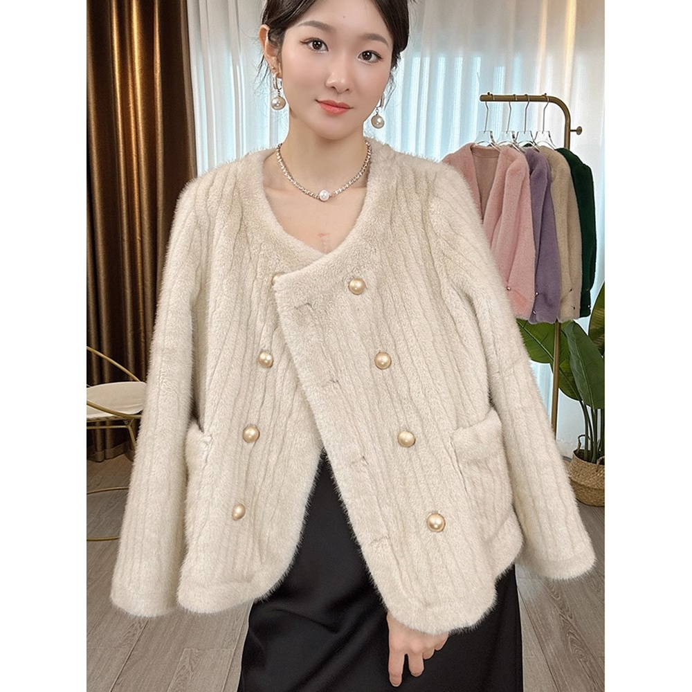 2023新款仿水貂毛皮毛一体外套女韩版网红双排扣大衣环保毛秋冬