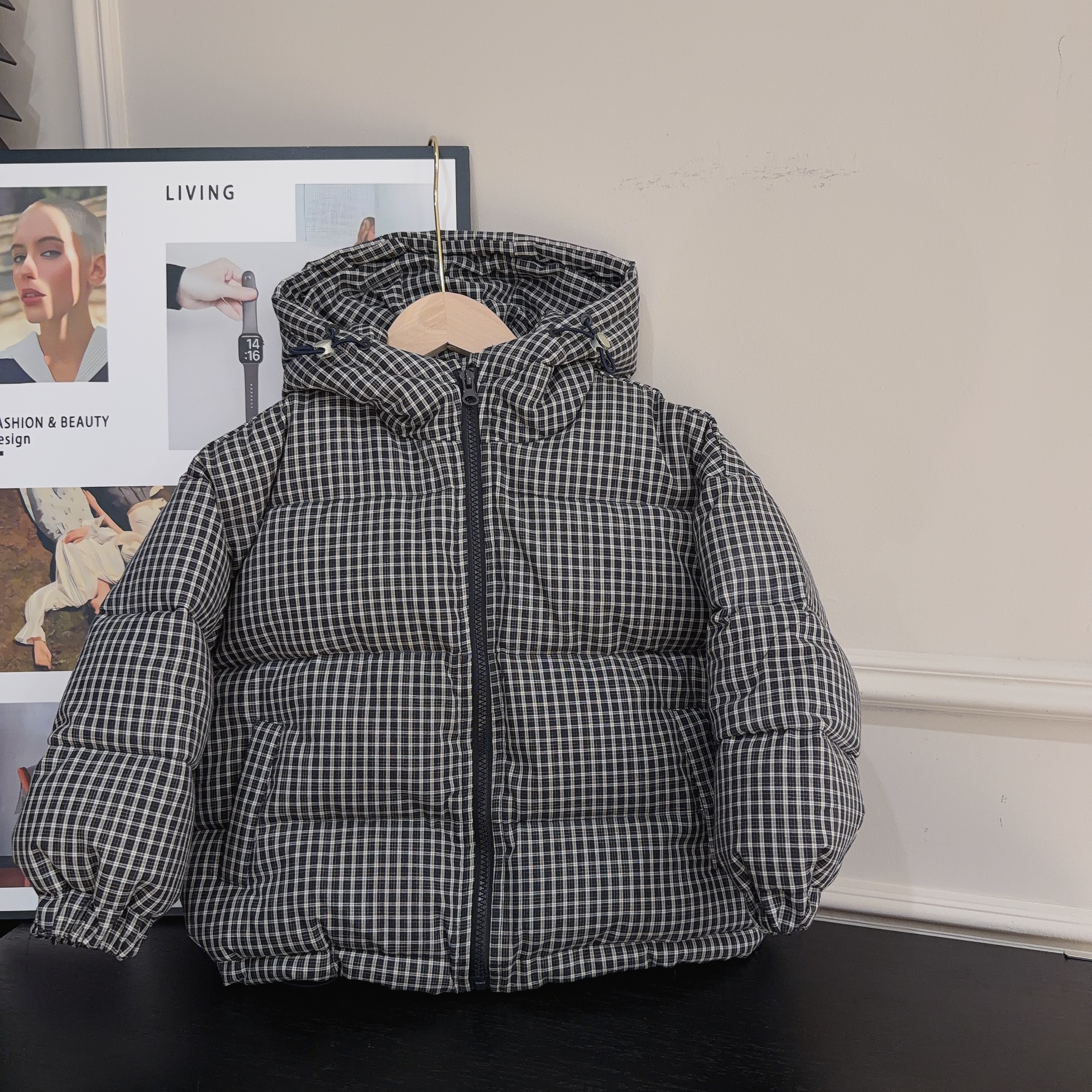 【两个小盆友】冬季加厚连帽保暖棉服男女童韩版休闲格子外套880255