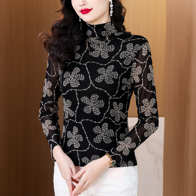 法式印花长袖打底T恤女高领洋气显瘦内搭时髦舒适气质套头上衣