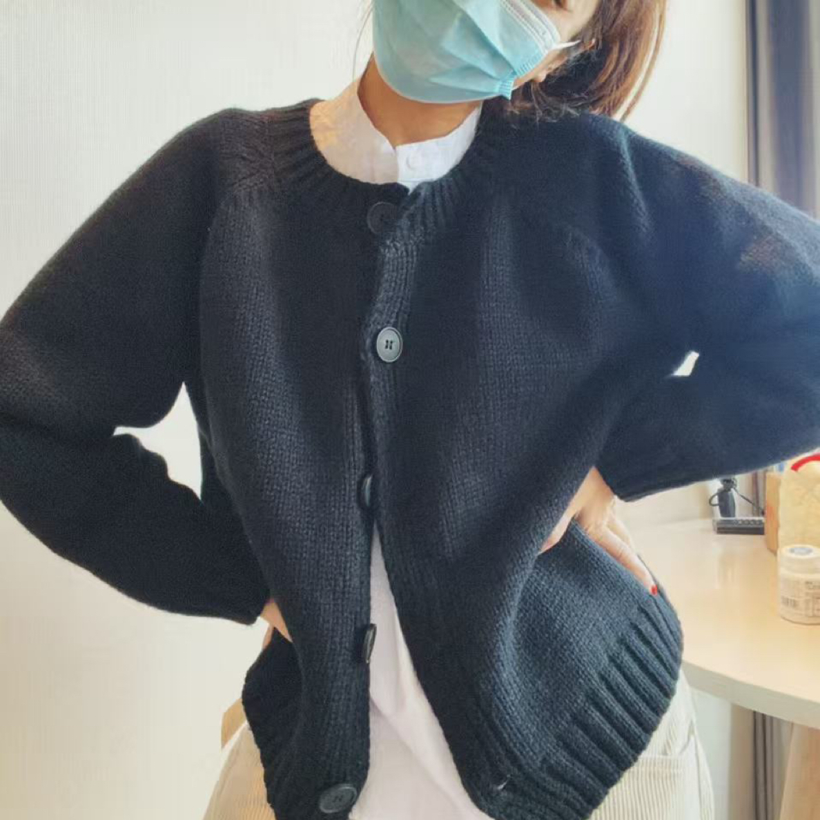 夏小朵 JAY的黑色毛衣 简约纯色小众宽松显瘦知性毛衣外套