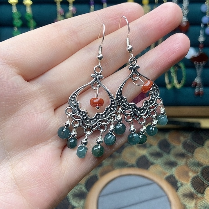 石英质玉耳钉银S925镶嵌