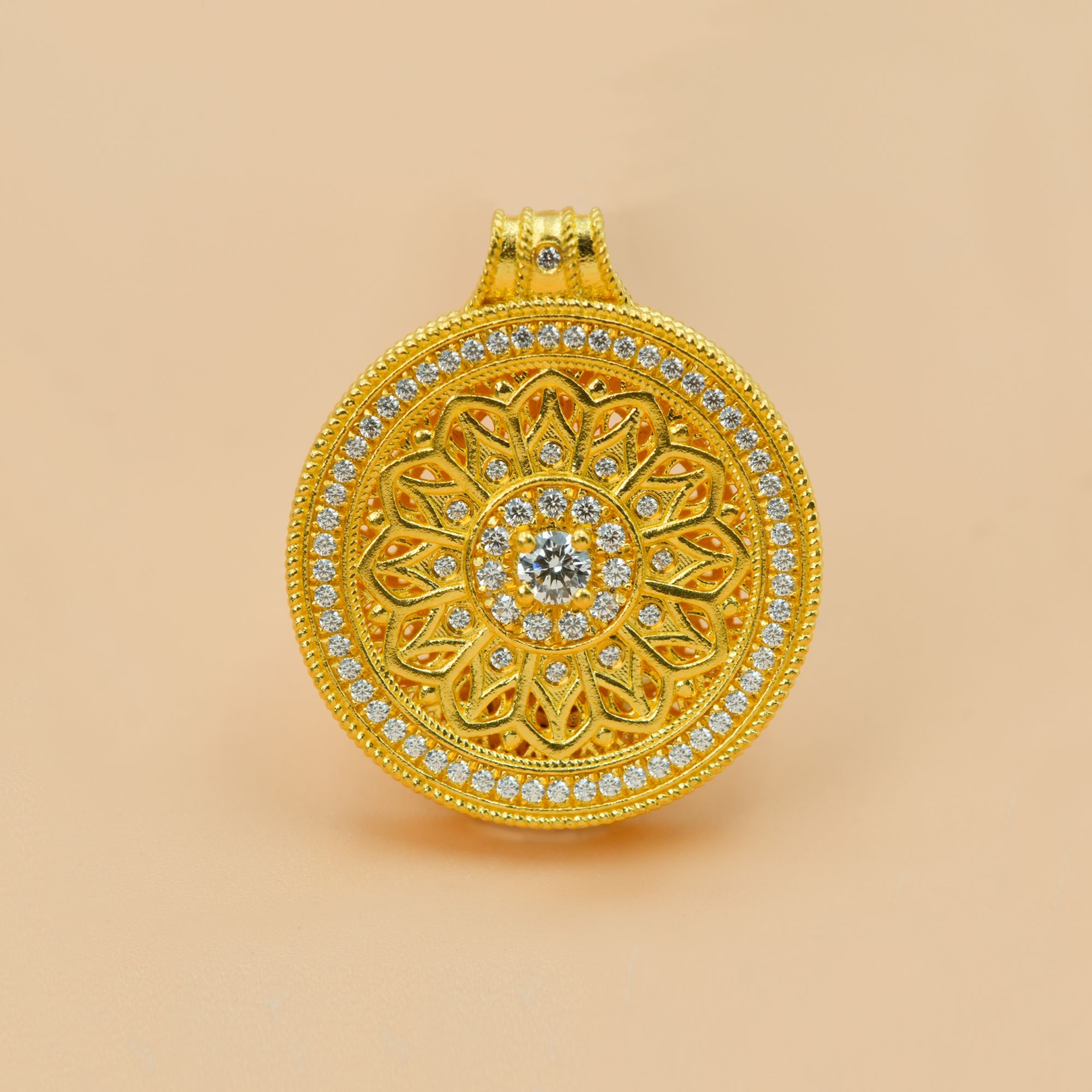 足金999玫瑰花窗吊坠古法点钻工艺国风非遗老庙古韵黄金吊坠