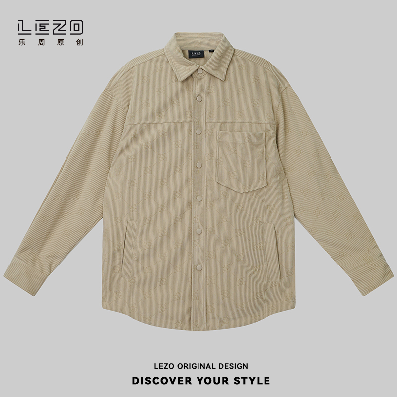 LEZO乐周原创男士秋季时尚复古宽松纯色长袖衬衫 925302615卡其色