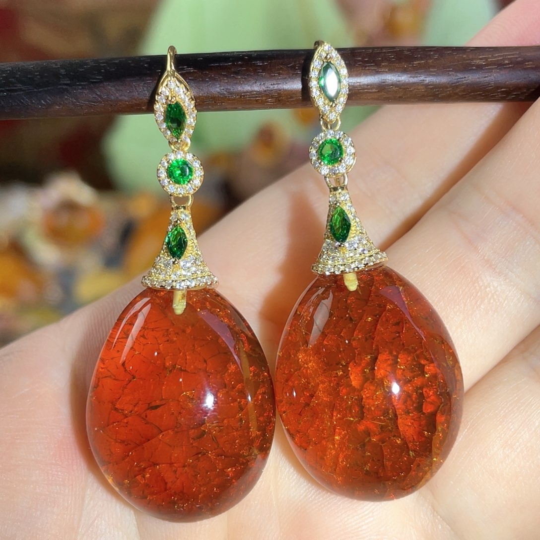 琥珀耳环银S925镀金镶嵌