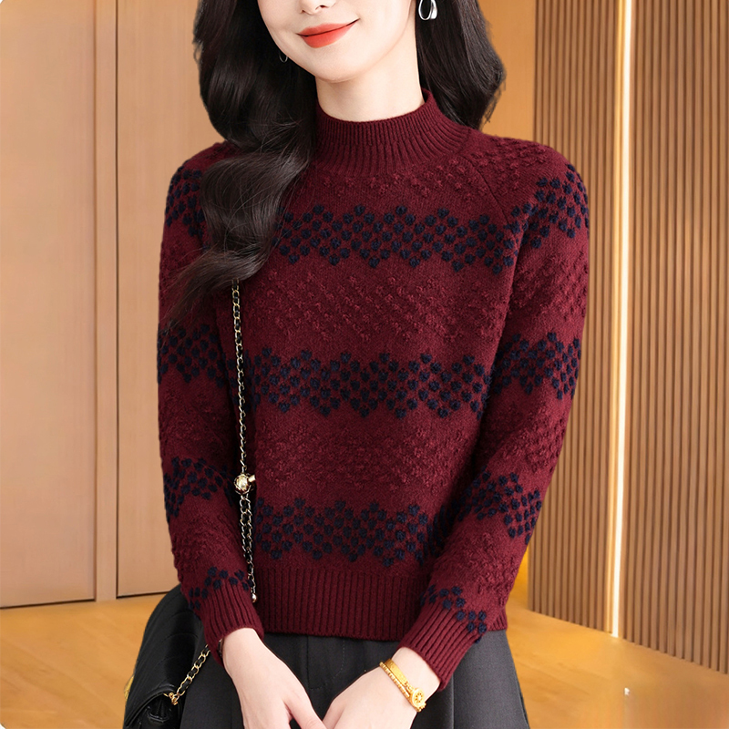 秋冬新款2025半高领条纹毛衣优雅宽松时尚洋气圆领上衣针织衫加厚