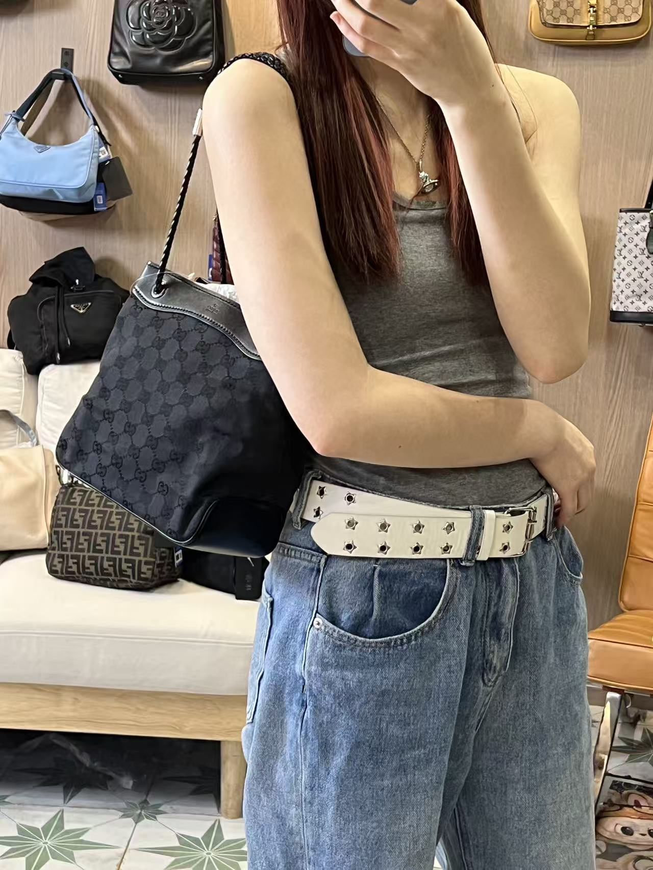 95新 GUCCI/古驰 A1751黑色小水桶经典潮流百搭