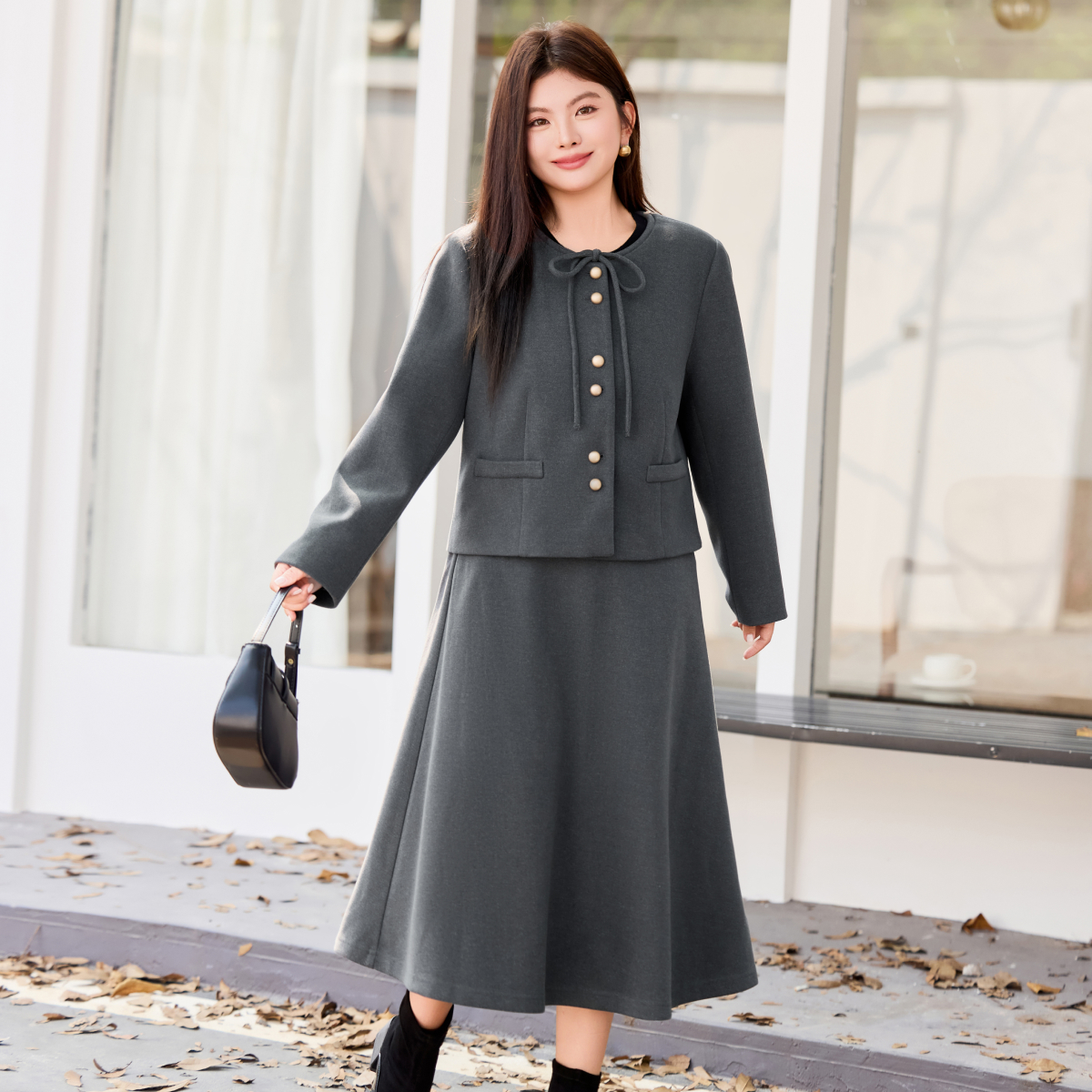 MsShe大码女装2025冬磨毛系带短外套a字半裙套装X~S2510022