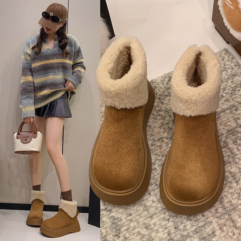 2025新款翻毛口厚底增高7公分雪地靴女款芒果头短筒气质加厚棉