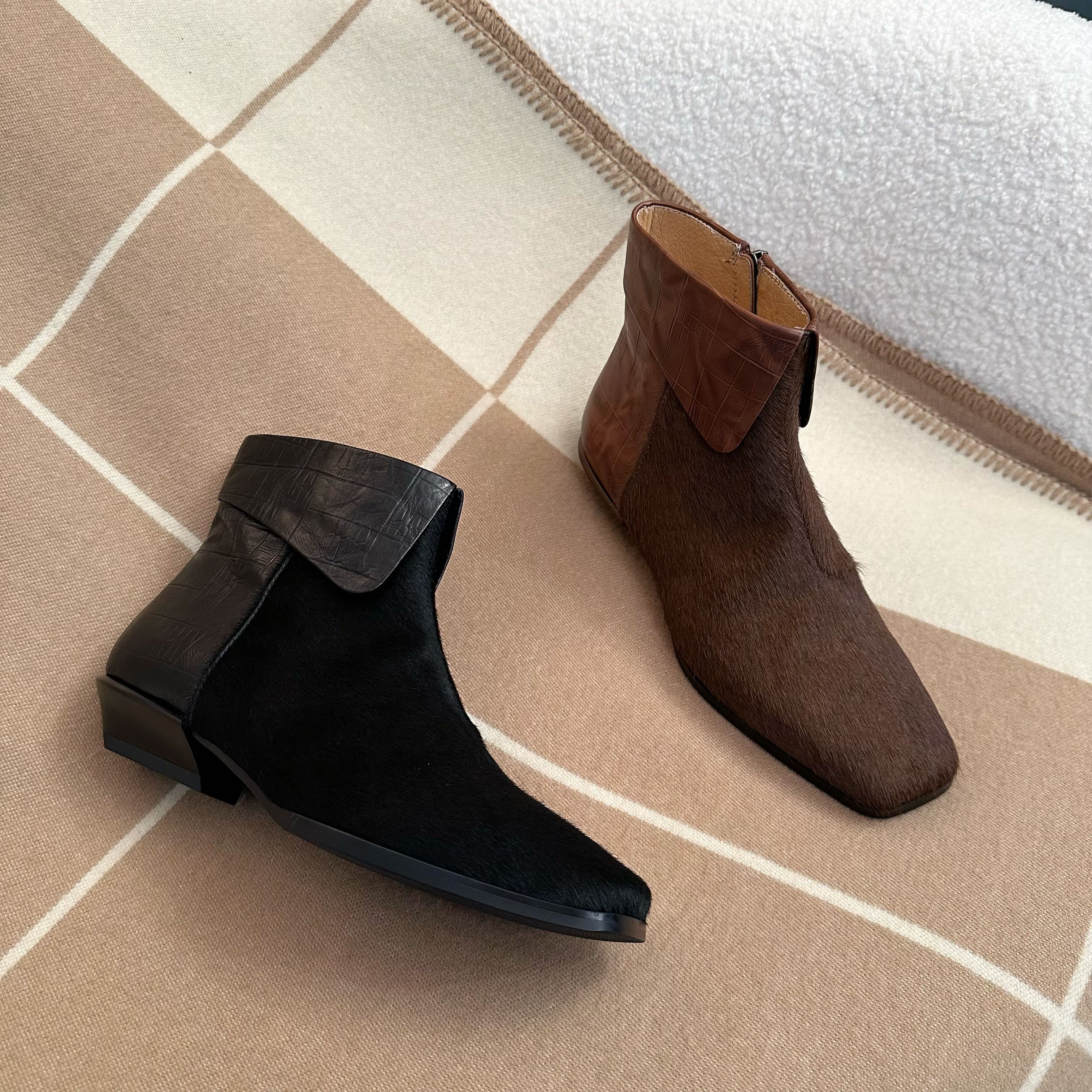 秋冬款立领设计马毛方头侧拉链短靴复古英伦风气质百搭时尚软底靴