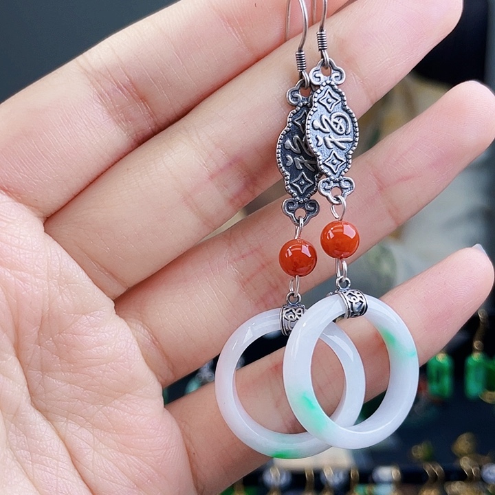 翡翠耳饰银S925镶嵌饰品