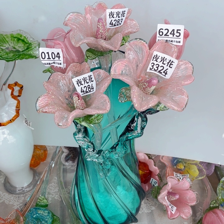 琉璃3支夜光大花2支花苞带花瓶 ，家悦