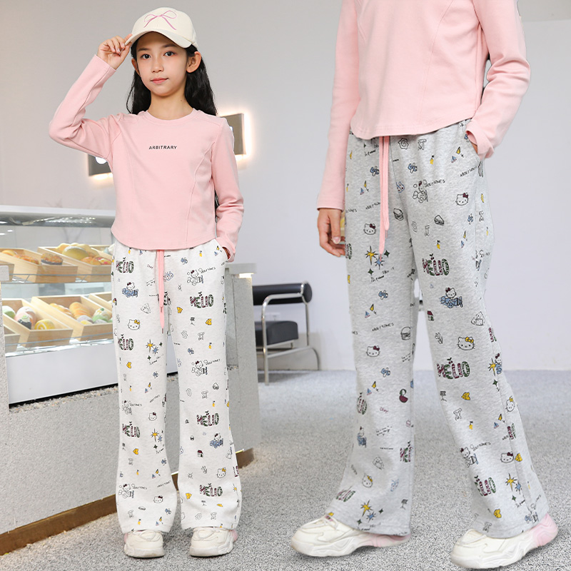 中大童薄款外穿喇叭裤春秋季儿童时尚印花阔腿裤子女童外穿休闲裤