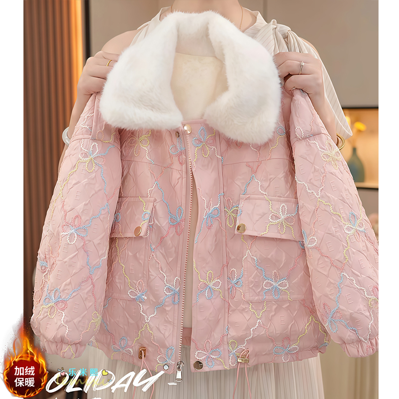 女童加厚派克服2025秋冬款甜美加绒毛领刺绣外套防风保暖初冬棉服