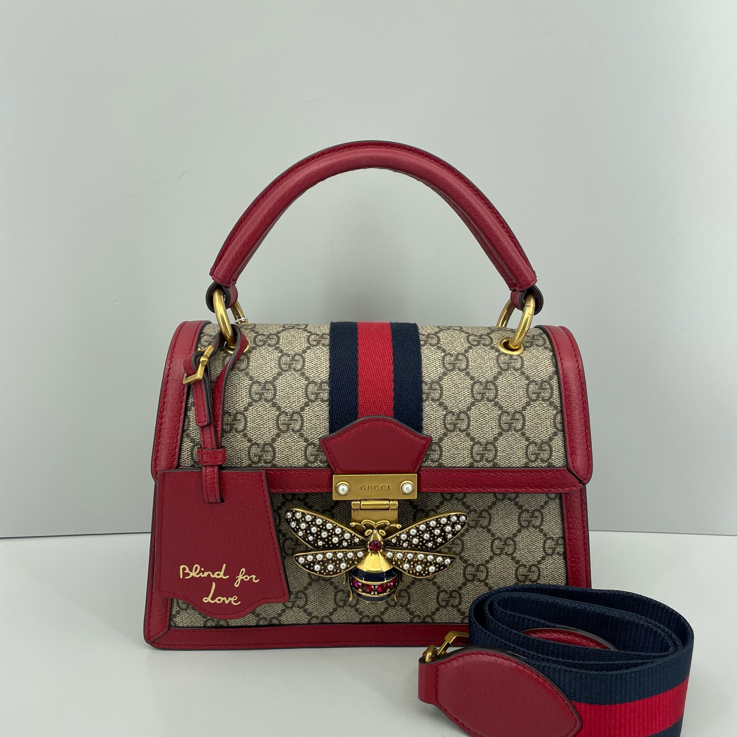95新 GUCCI/古驰 优选/玛格丽特红色老花手提包 26x18x10 Z052911