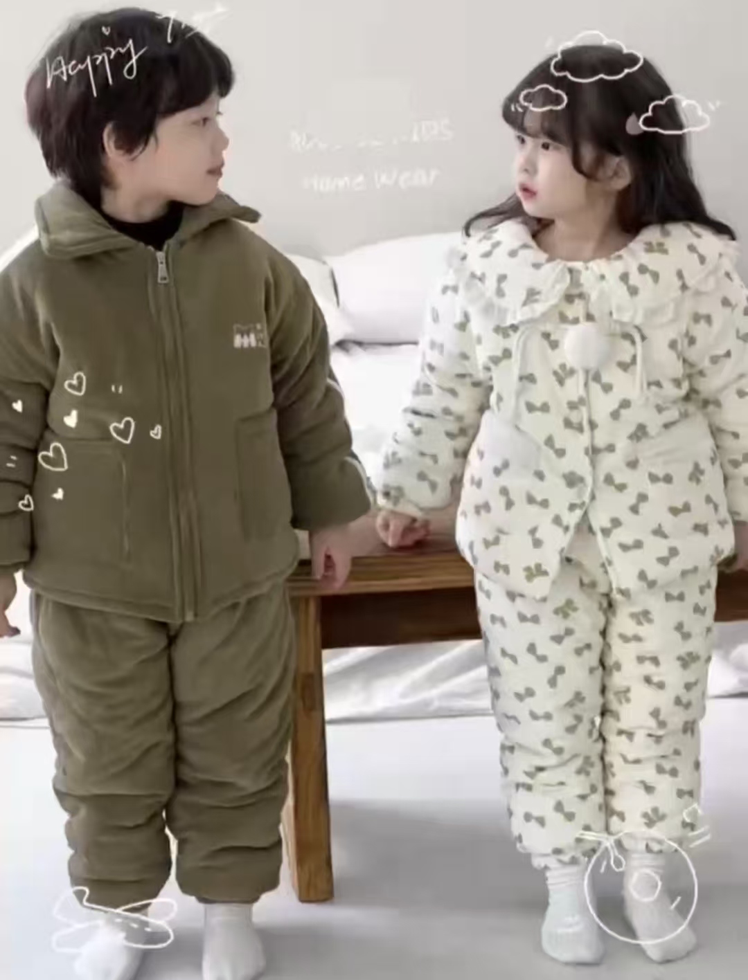 毛毛印花蝴蝶结保暖家居服儿童宝宝翻领三层加绒加厚冬季套装