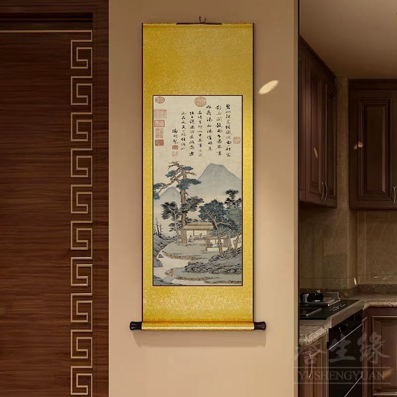 D48精装160*60《品茶图》中式数字微喷立式挂画卷轴画