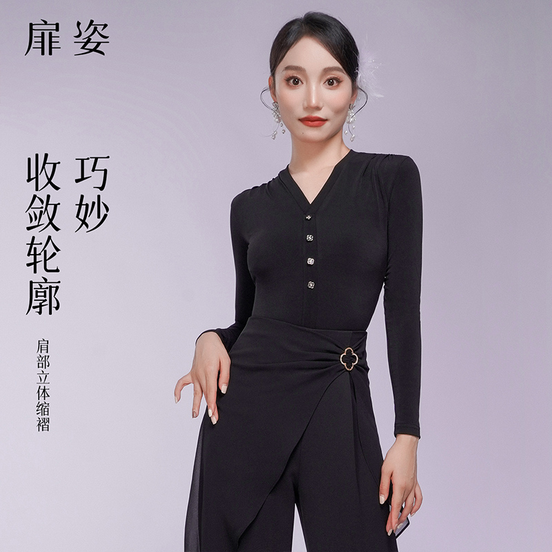 扉姿 新款秋冬摩登舞服女连体衣练功服交谊舞长袖拉丁舞上衣F1234