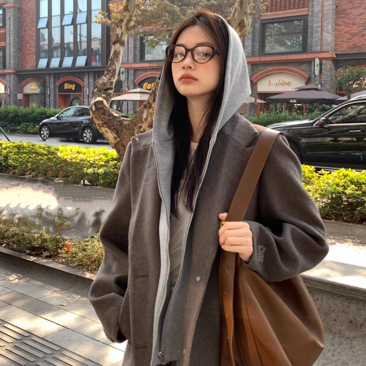 太好看了～格雷系假两件！可拆卸连帽大衣长款外套 女款（微瑕）