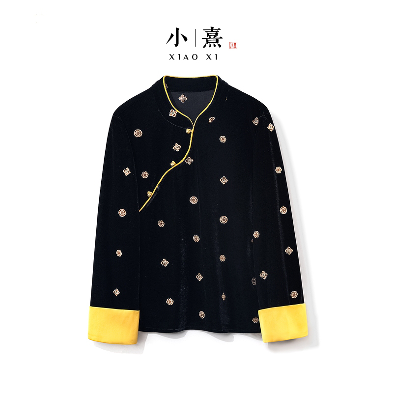 【晚菱】2025新款秋季上衣女式新中式女高级感丝绒立领宽松长袖衬衫