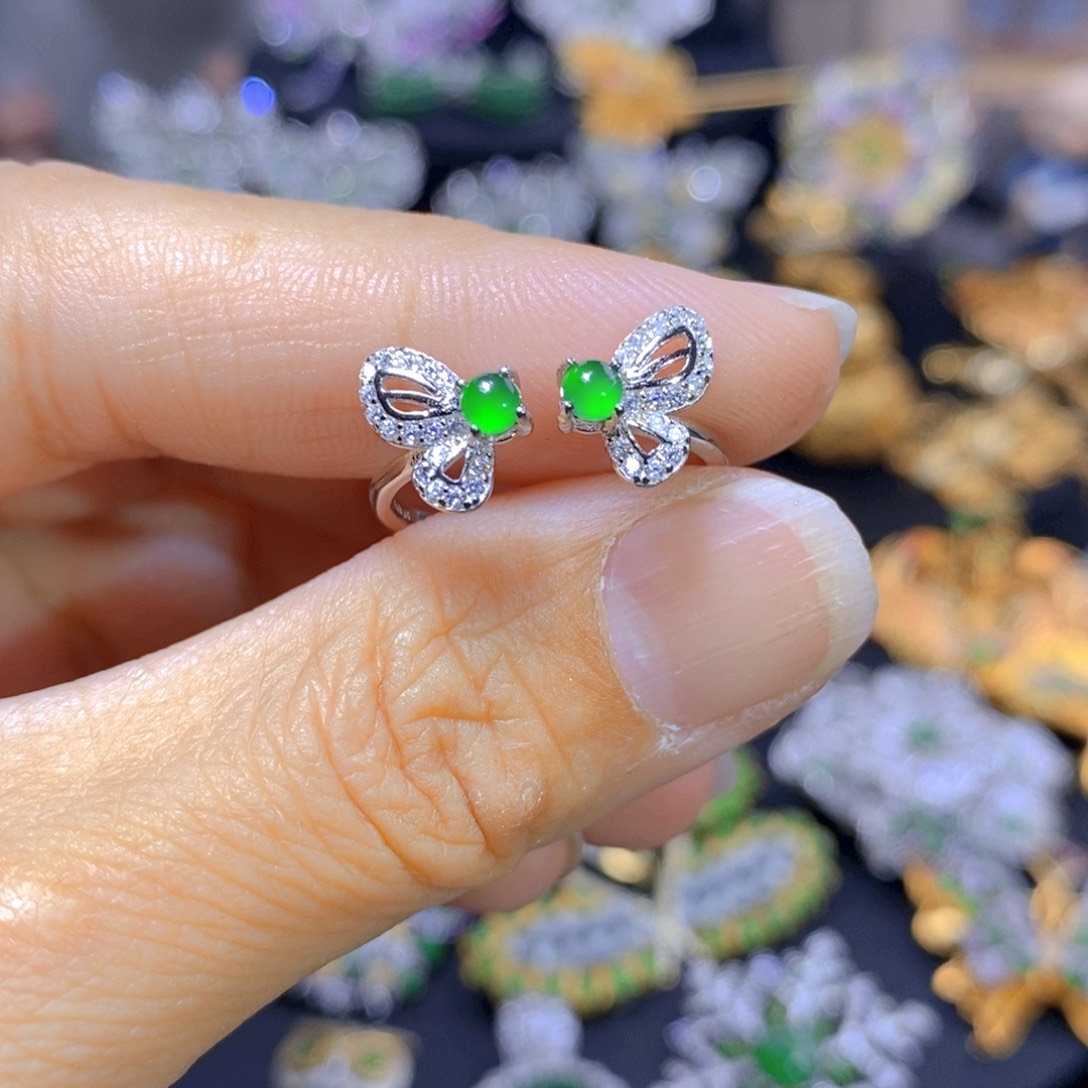 翡翠耳钉银S925镶嵌天然翡翠