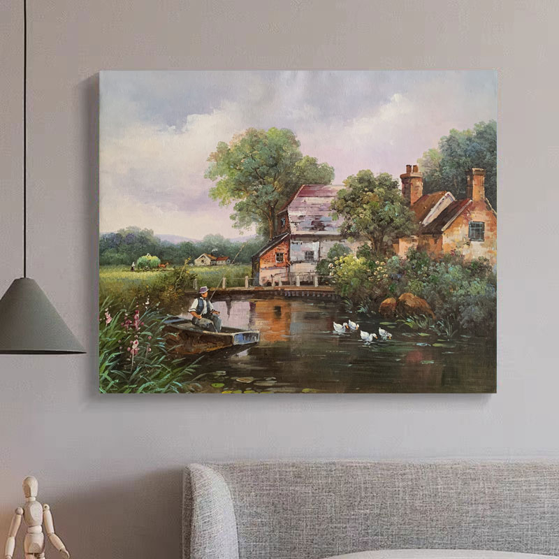 《溪畔渔趣》50*60含内框，刘春建手绘油画装饰画，客厅背景墙挂画