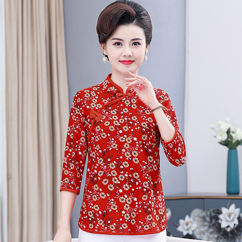 中国风旗袍领上衣中年女装气质减龄碎花T恤妈妈夏装遮肚打底衫